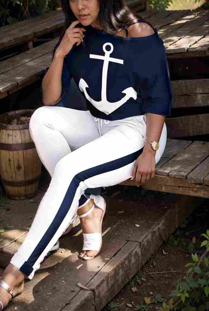 anchor print v neck long sleeve t shirt trousers two piece suit 143619