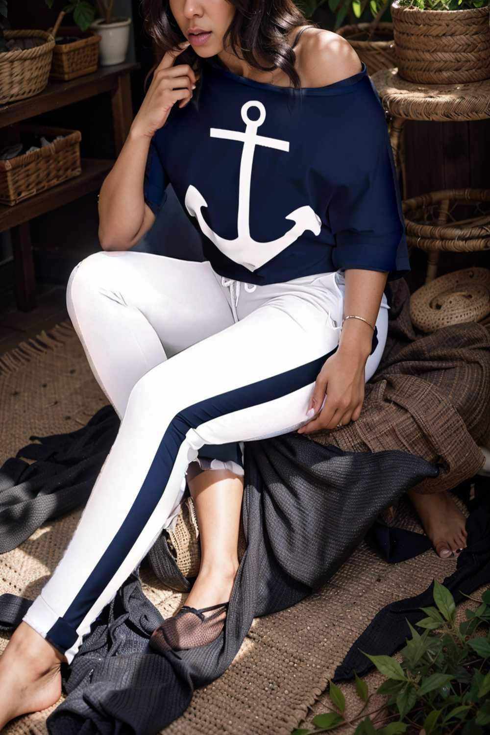 anchor print v neck long sleeve t shirt trousers two piece suit 107486