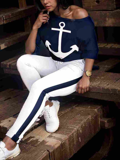 anchor print v neck long sleeve t shirt trousers two piece suit 135278