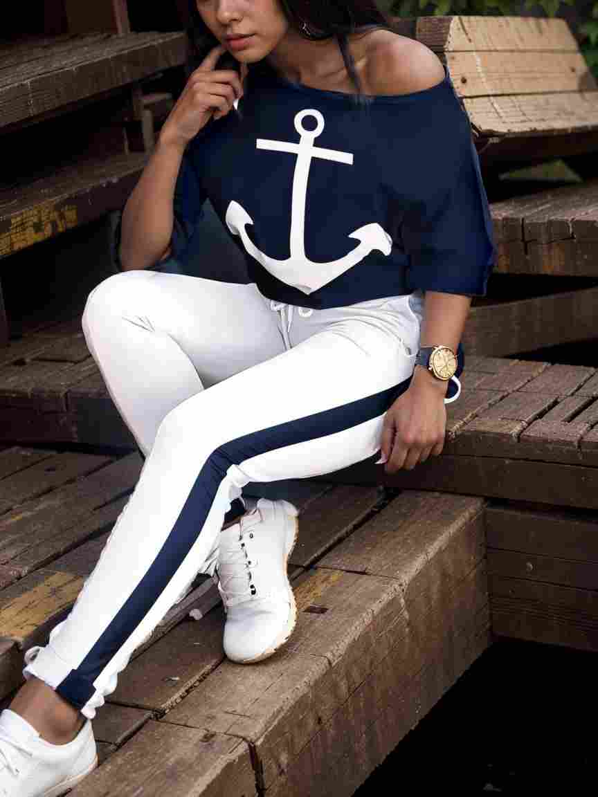 anchor print v neck long sleeve t shirt trousers two piece suit 100056