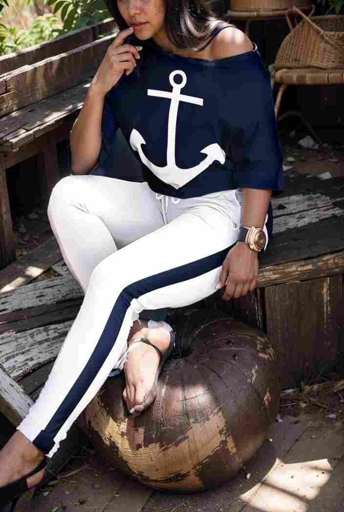 anchor print v neck long sleeve t shirt trousers two piece suit 125363