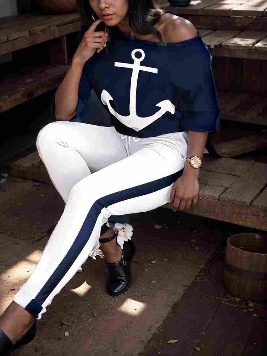 anchor print v neck long sleeve t shirt trousers two piece suit 100057