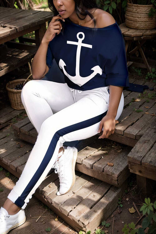 anchor print v neck long sleeve t shirt trousers two piece suit 117195