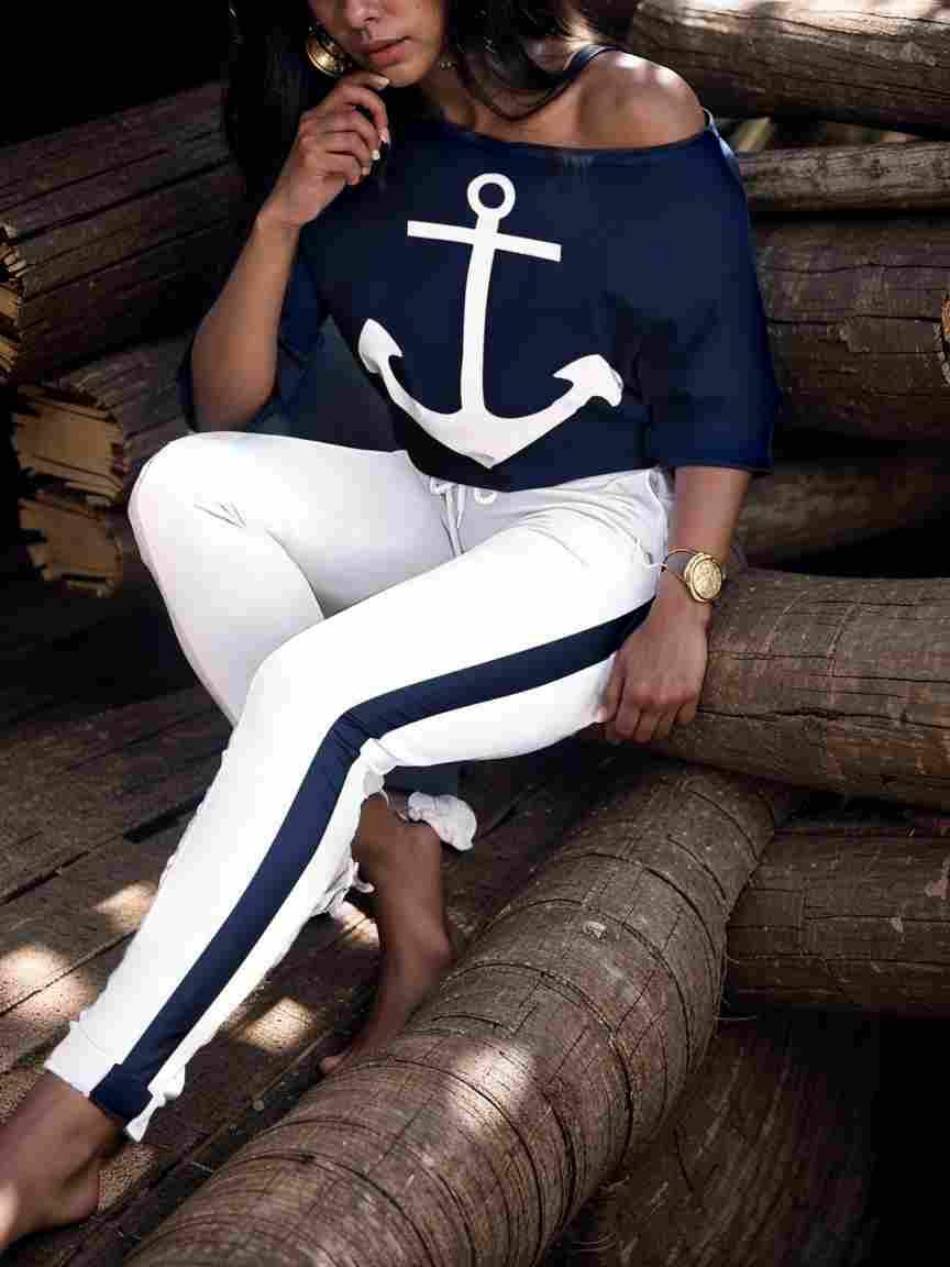 anchor print v neck long sleeve t shirt trousers two piece suit 100058