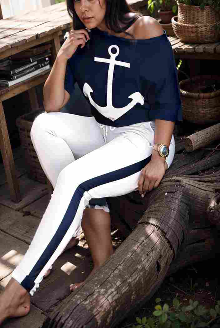 anchor print v neck long sleeve t shirt trousers two piece suit 114801