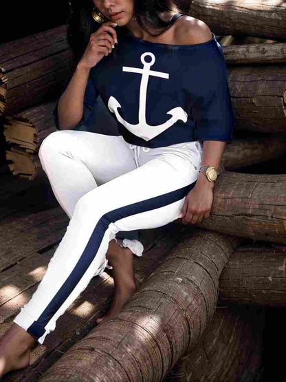 anchor print v neck long sleeve t shirt trousers two piece suit 135281