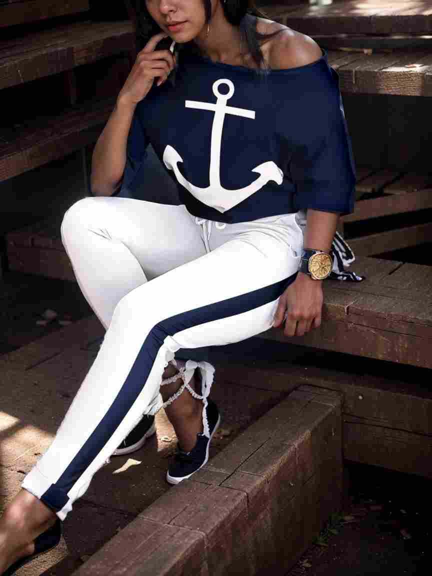 anchor print v neck long sleeve t shirt trousers two piece suit 100060