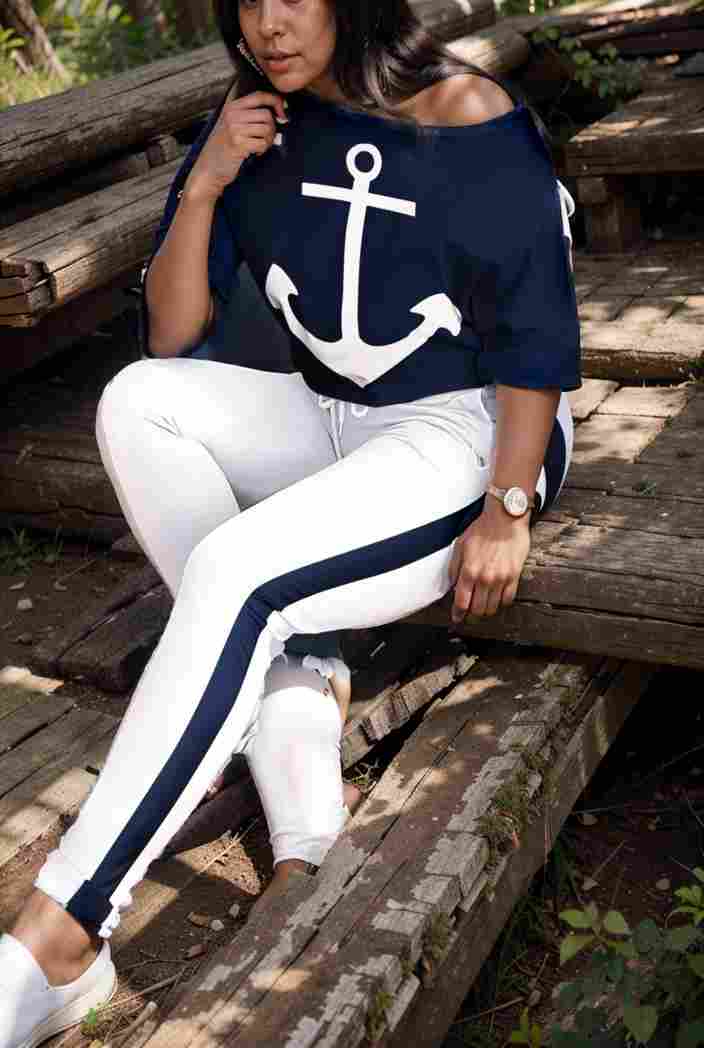 anchor print v neck long sleeve t shirt trousers two piece suit 133855