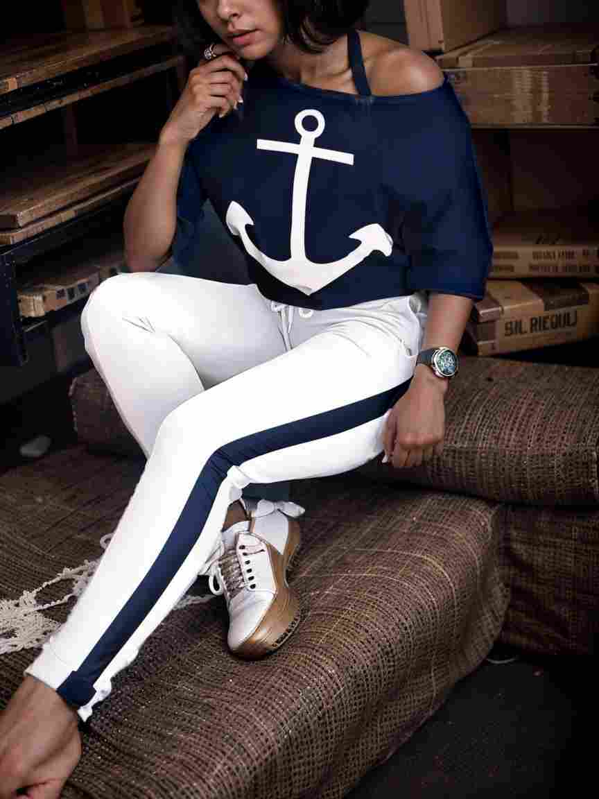 anchor print v neck long sleeve t shirt trousers two piece suit 100059