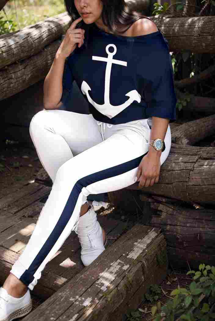 anchor print v neck long sleeve t shirt trousers two piece suit 100083