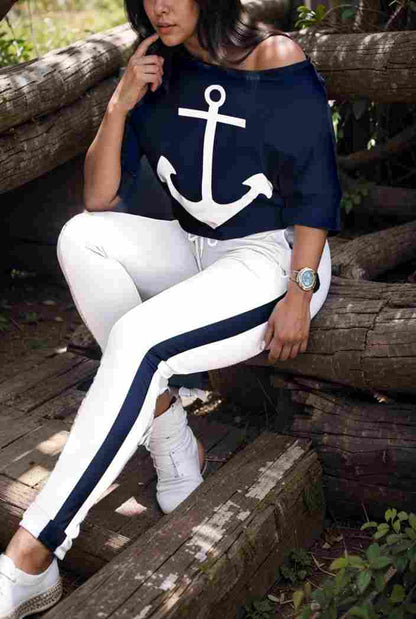 anchor print v neck long sleeve t shirt trousers two piece suit 125367