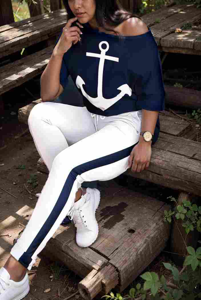 anchor print v neck long sleeve t shirt trousers two piece suit 114804