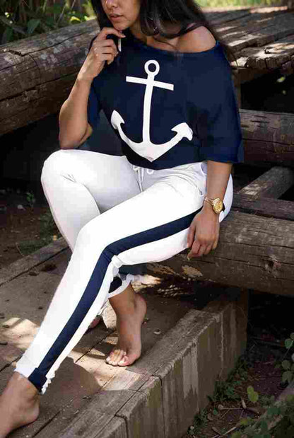 anchor print v neck long sleeve t shirt trousers two piece suit 114805