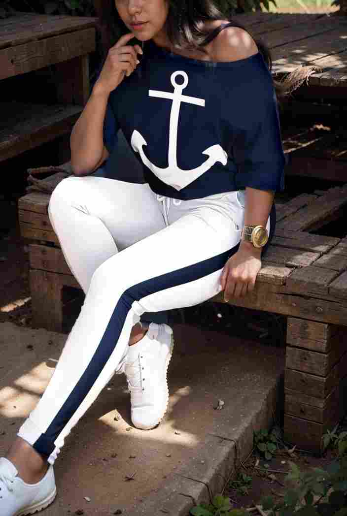 anchor print v neck long sleeve t shirt trousers two piece suit 104733