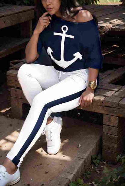 anchor print v neck long sleeve t shirt trousers two piece suit 134020