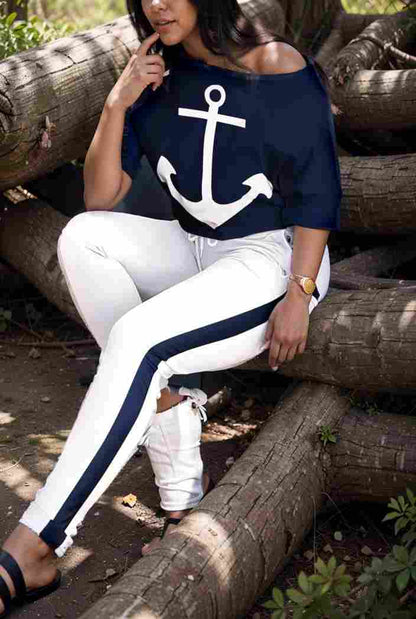 anchor print v neck long sleeve t shirt trousers two piece suit 114807