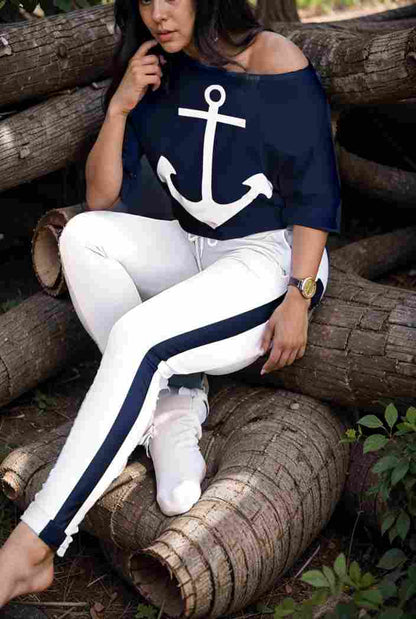 anchor print v neck long sleeve t shirt trousers two piece suit 114808