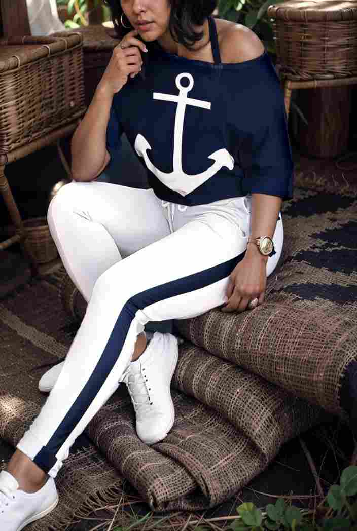 anchor print v neck long sleeve t shirt trousers two piece suit 114809