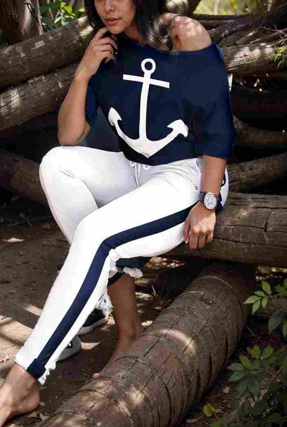 anchor print v neck long sleeve t shirt trousers two piece suit 114810