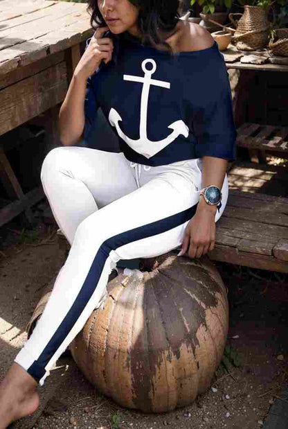 anchor print v neck long sleeve t shirt trousers two piece suit 114811