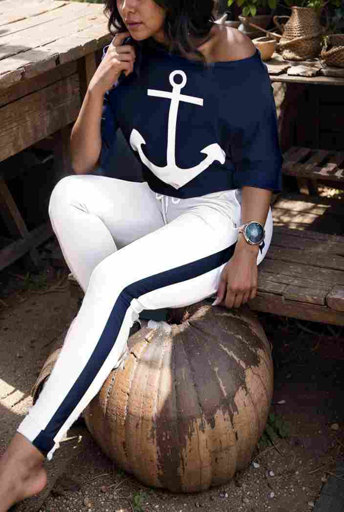 anchor print v neck long sleeve t shirt trousers two piece suit 124418