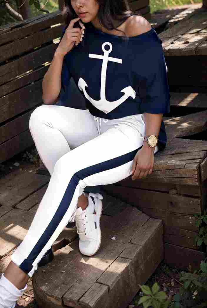 anchor print v neck long sleeve t shirt trousers two piece suit 114812