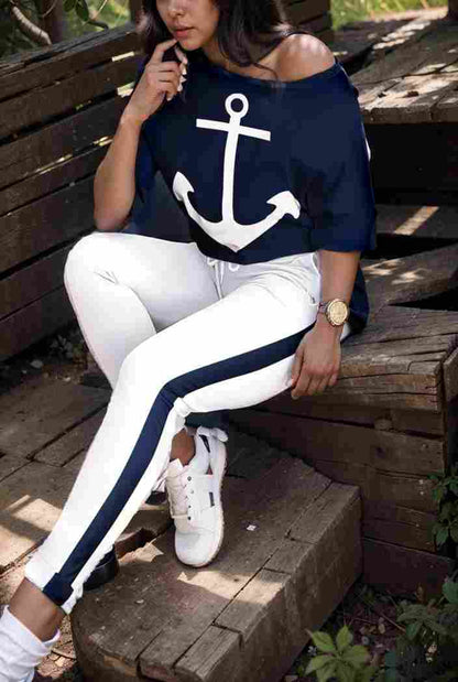 anchor print v neck long sleeve t shirt trousers two piece suit 100092