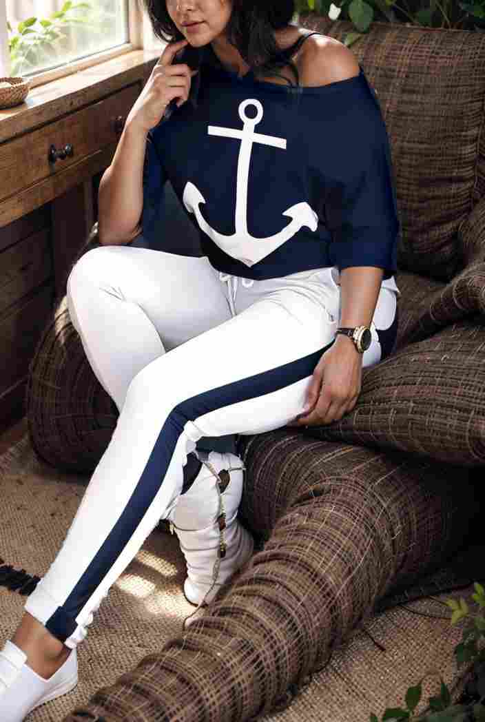 anchor print v neck long sleeve t shirt trousers two piece suit 114813