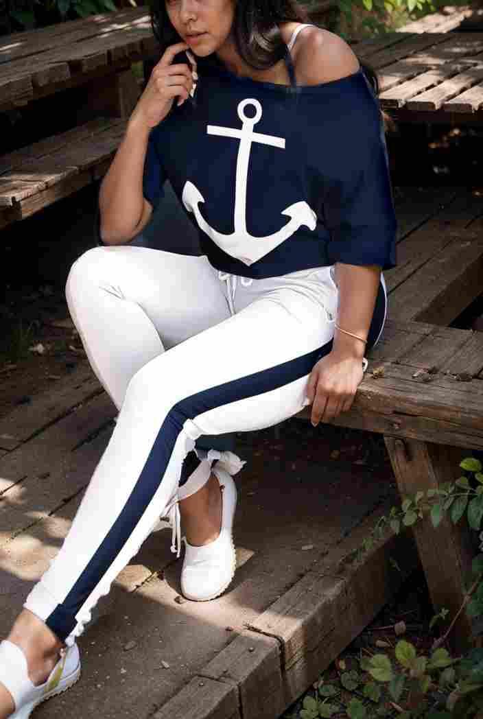 anchor print v neck long sleeve t shirt trousers two piece suit 114814