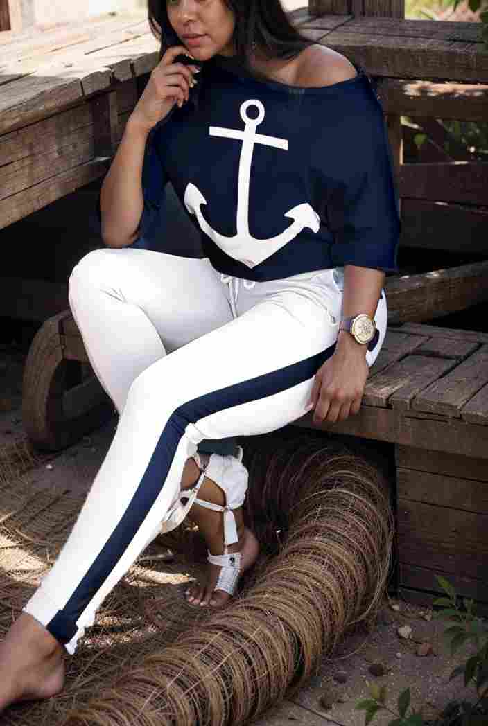 anchor print v neck long sleeve t shirt trousers two piece suit 114815