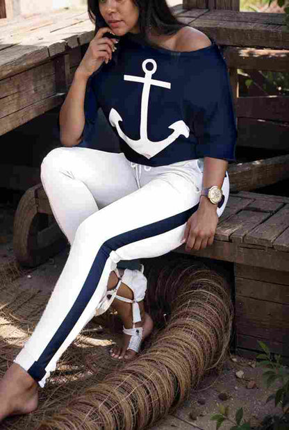 anchor print v neck long sleeve t shirt trousers two piece suit 124422