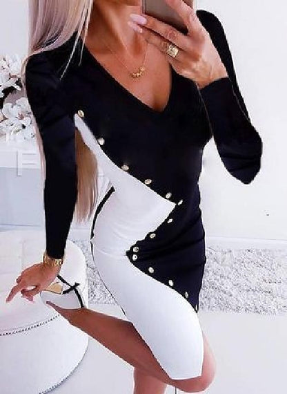 Women's Work Dress Crew Neck Casual Sheath Dress Knee Length Dress Black And White Black Red Long Sleeve Color Block Button Fall Winter Autumn Winter Dress Office Fall Dress