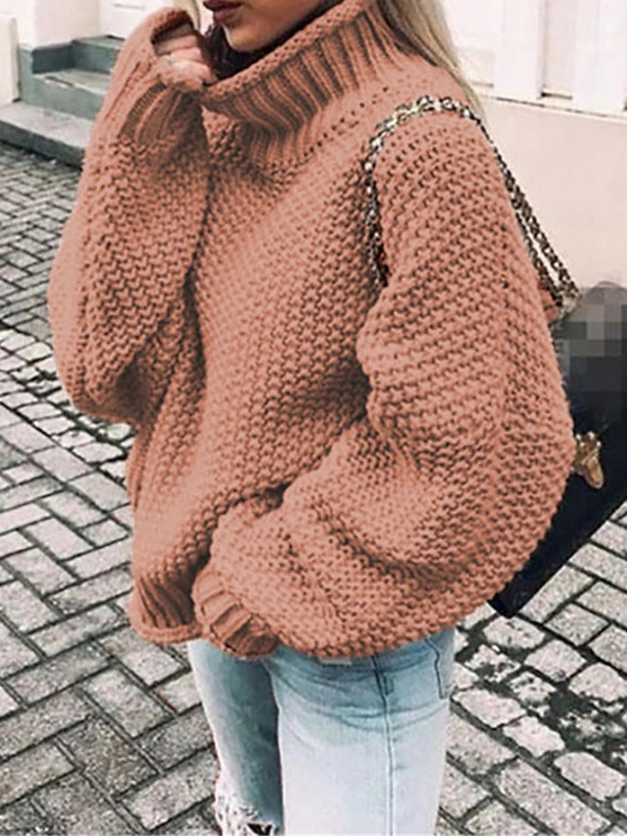 Women's Pullover Sweater Jumper Turtleneck Ribbed Knit Polyester Oversized Fall Winter Regular Daily Going out Weekend Stylish Casual Soft Long Sleeve Solid Color Black Pink Green S M L