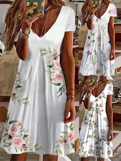 Women's Casual Dress Summer Dress Print Dress Floral Print V Neck Mini Dress Active Fashion Outdoor Daily Short Sleeve Regular Fit Yellow Purple Gray Summer Spring S M L XL XXL - LuckyFash™