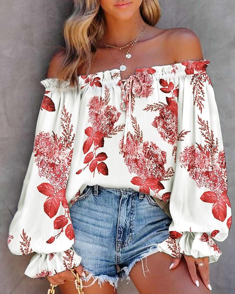 Women's Shirt Boho Shirt Lace Shirt Going Out Tops Floral Graphic Casual Holiday Lace up Ruffle Print Lantern Sleeve Red Long Sleeve Elegant Fashion Basic Off Shoulder Spring Fall