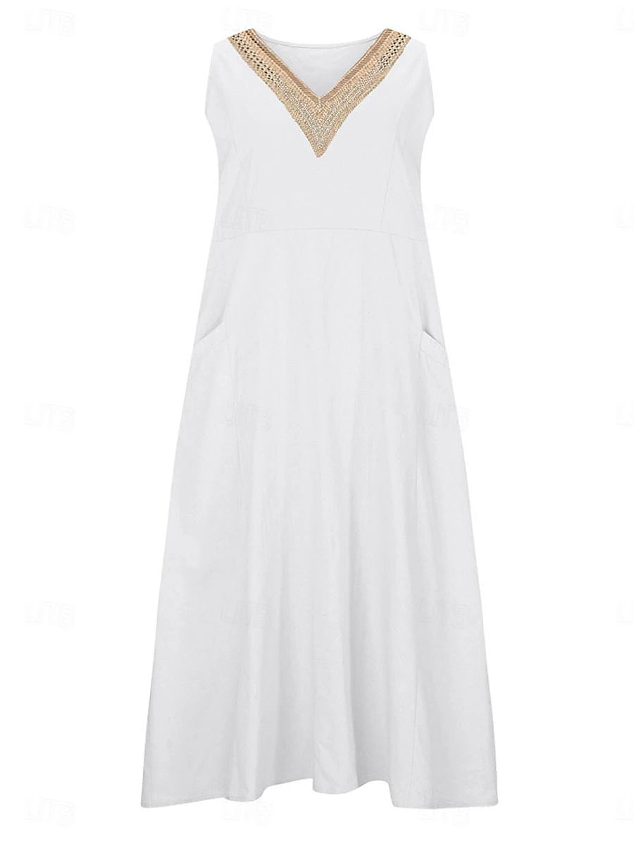 Women's White Dress Cotton Linen Dress Swing Dress Maxi long Dress Pocket Basic Daily V Neck Sleeveless Summer Spring Black White Plain