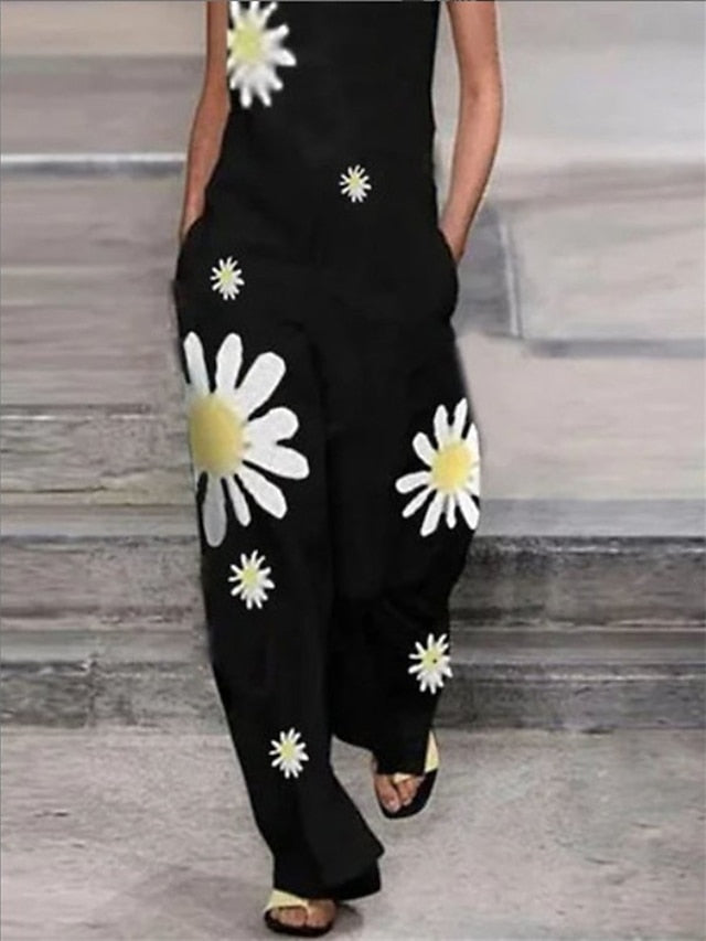 Black Jumpsuit for Women Pocket Print Floral Crew Neck Streetwear Daily Vacation Regular Fit Sleeveless White S M L Summer - LuckyFash™