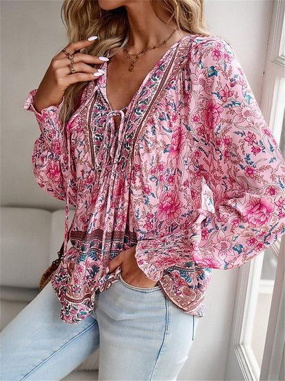 Women's Shirt Blouse Floral Vacation Beach Lace up Print Pink Long Sleeve Casual Boho V Neck Summer