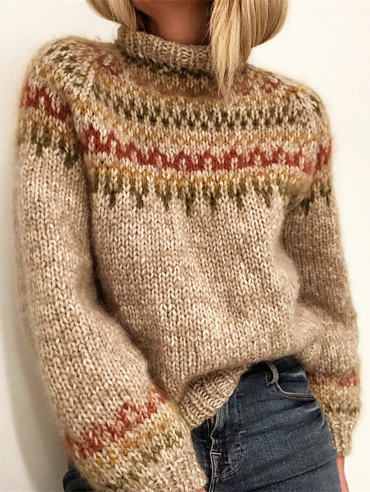 Women's Pullover Sweater Jumper Stand Collar Ribbed Knit Wool Stripe Fall Winter Regular Outdoor Daily Going out Stylish Casual Soft Long Sleeve Striped Beige S M L