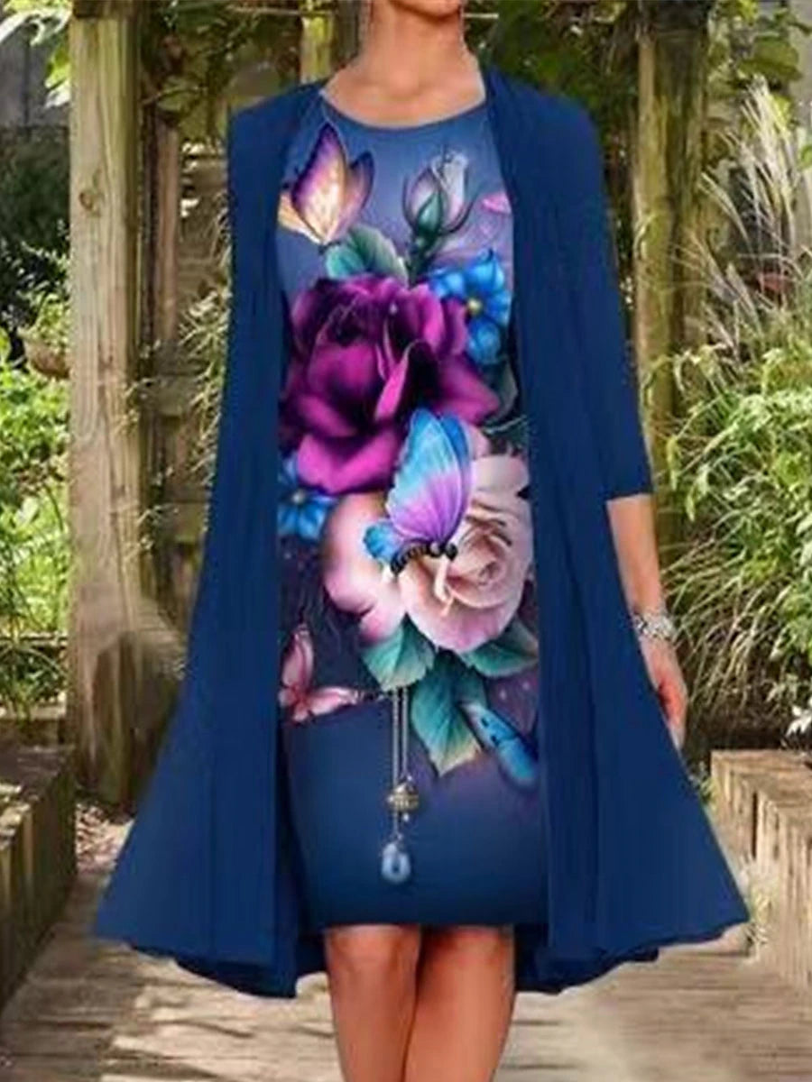 Women's Two Piece Dress Set Shift Dress Chiffon Dress Print Dress Daily Going out Casual Print Midi Dress Crew Neck 3/4 Length Sleeve Floral Regular Fit Navy Blue Purple Dark Blue Summer Spring M L