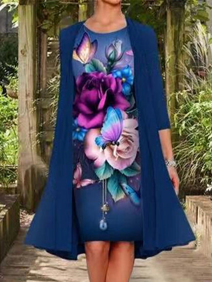 Women's Two Piece Dress Set Shift Dress Chiffon Dress Print Dress Daily Going out Casual Print Midi Dress Crew Neck 3/4 Length Sleeve Floral Regular Fit Navy Blue Purple Dark Blue Summer Spring M L