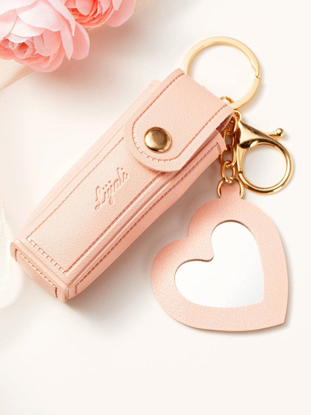 Apricot Pink Lipstick Mirror Keychain Pouch