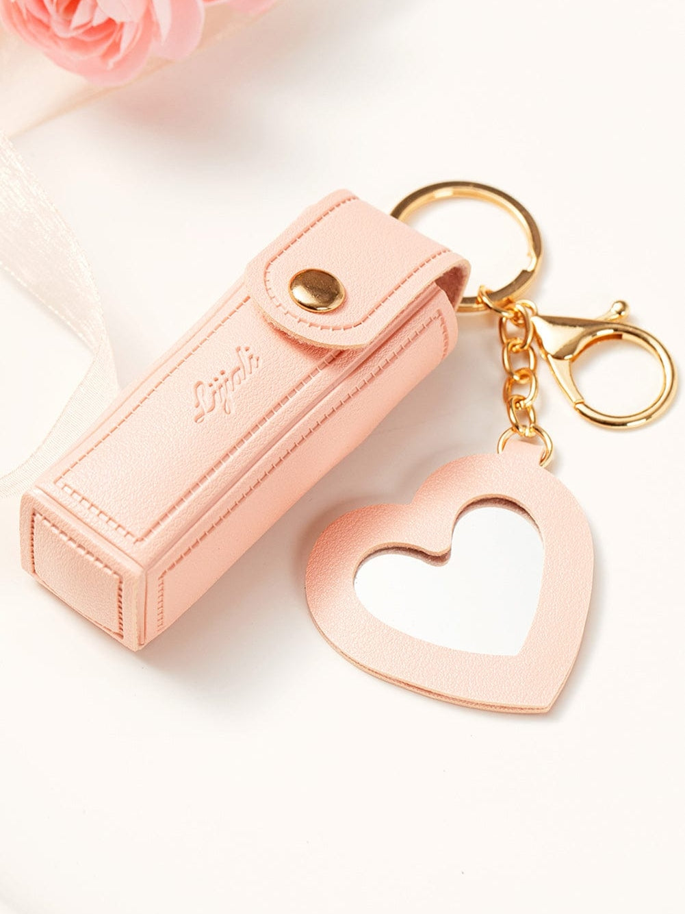 Apricot Pink Lipstick Mirror Keychain Pouch