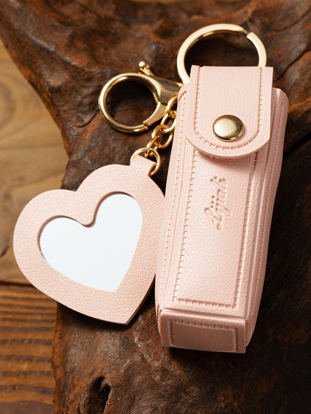 Apricot Pink Lipstick Mirror Keychain Pouch