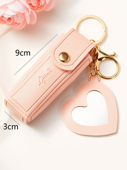 Apricot Pink Lipstick Mirror Keychain Pouch