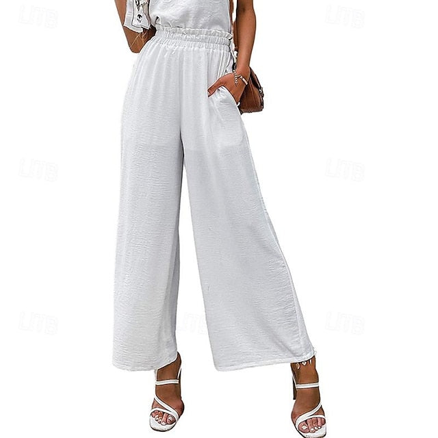 Women's Wide Leg Linen Cotton Blend Plain White Yellow Casual Daily Full Length Going out Weekend Spring & Summer