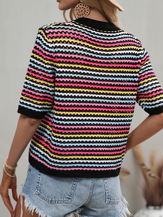 Women's Pullover Sweater jumper Jumper Crochet Knit Knitted Hole Rainbow Crew Neck Stylish Casual Outdoor Home Spring Summer Green Blue S M L / Striped / Regular Fit - LuckyFash™