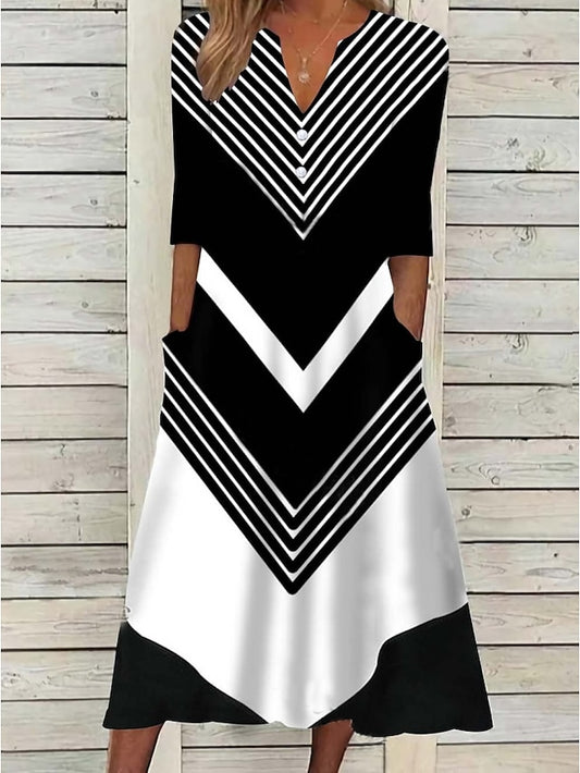 Women's Casual Dress Shift Dress Midi Dress Black and white stripes Green Dark Blue Half Sleeve Color Block Button Summer Spring V Neck Basic Vacation 2023 S M L XL XXL 3XL - LuckyFash™
