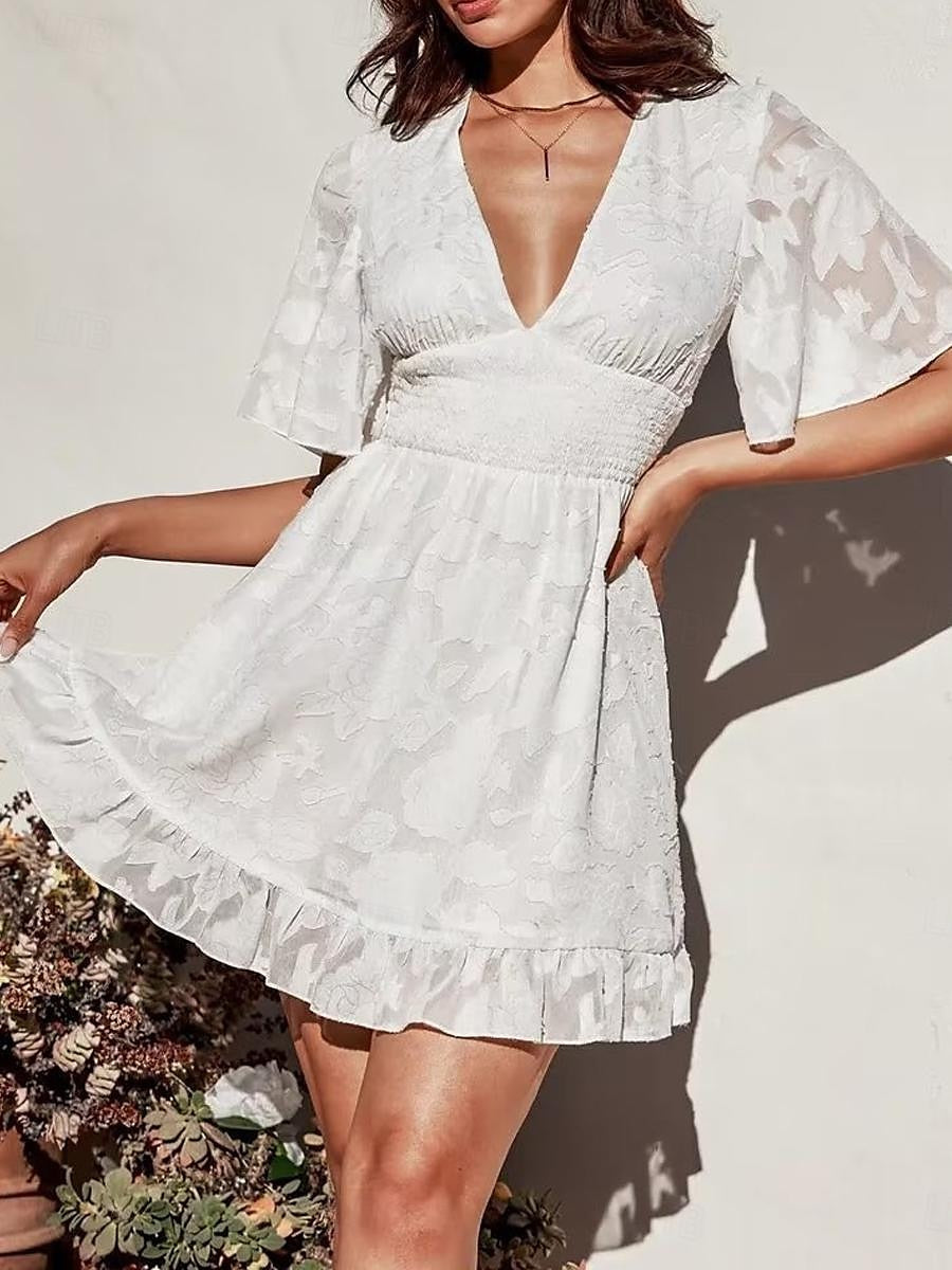 Women's White Dress Casual Dress A Line Dress Mini Dress Lace Ruffle Vacation Beach Streetwear Basic V Neck Short Sleeve White Color