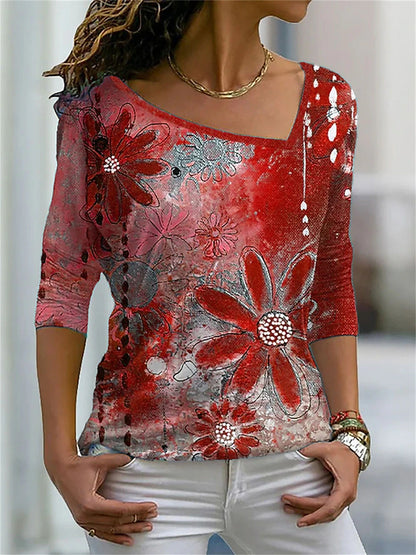 Women's T shirt Tee Floral Holiday Weekend Print Red Long Sleeve Basic V Neck Fall & Winter